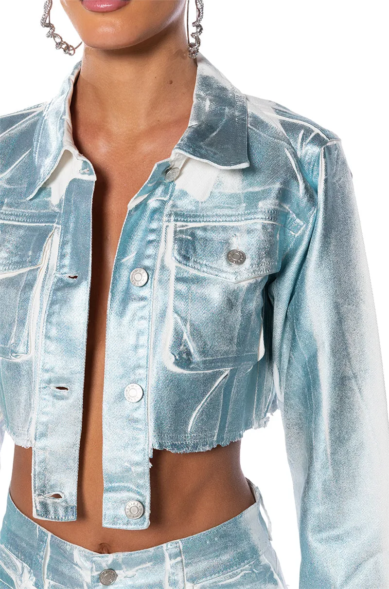 AUBREY BRUSHED METALLIC CROPPED DENIM JACKET