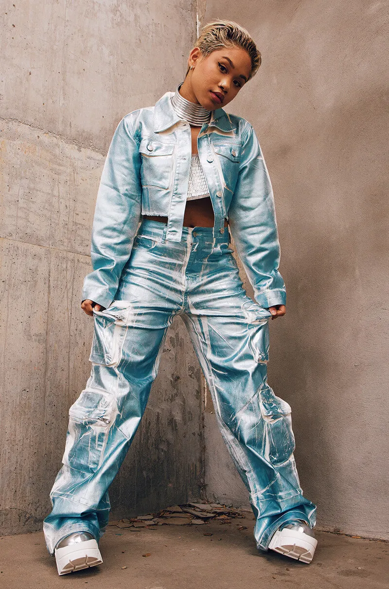 AUBREY BRUSHED METALLIC CROPPED DENIM JACKET