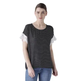 Black Strip Top With Lace Sleeves