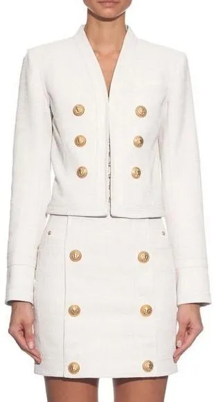 Collarless Cropped Blazer & Matching Mini Skirt in White