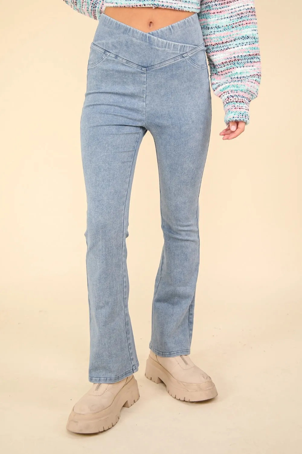 Crossover Denim Leggings with Stretchy Comfort