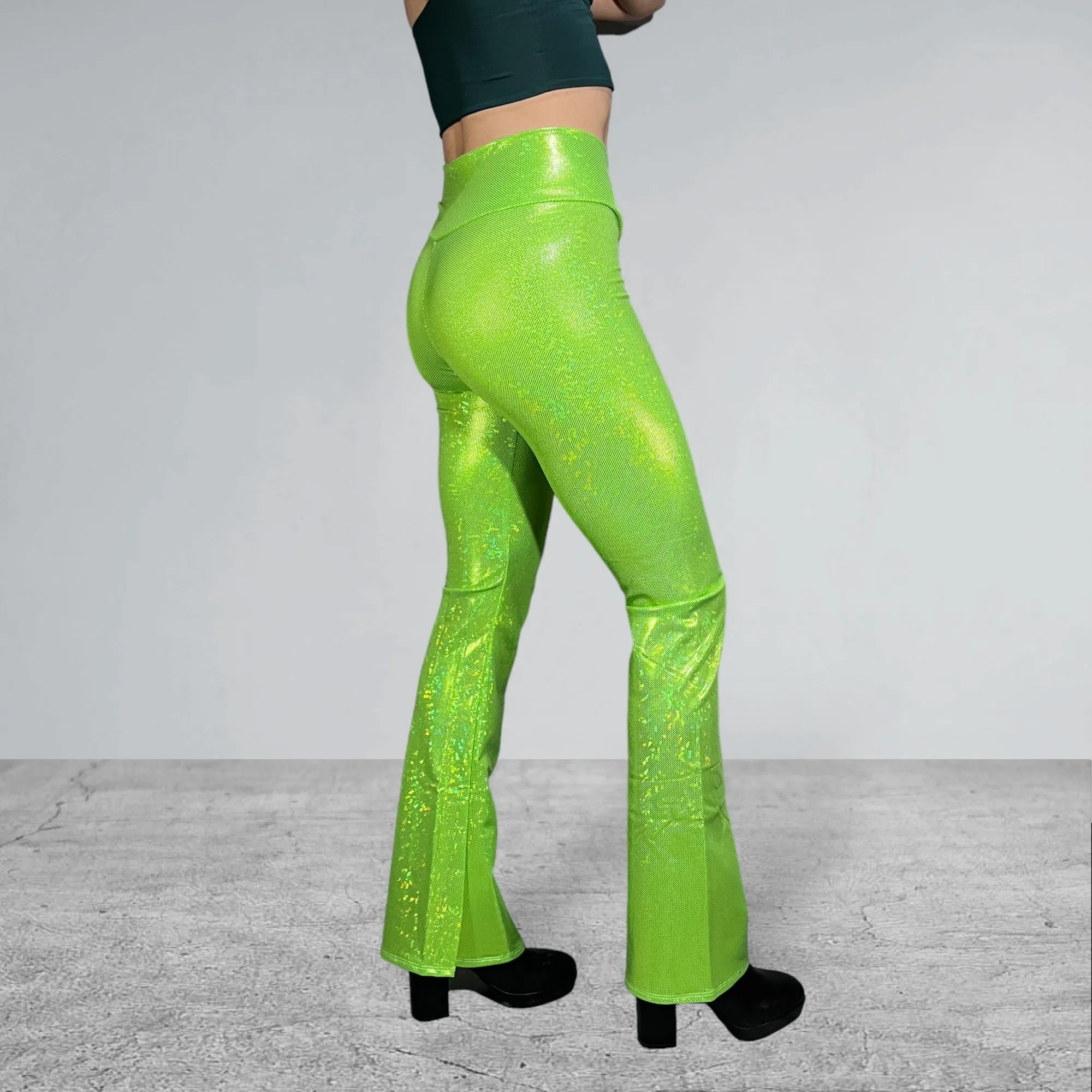 Crossover V-Waist Bootcut Flare Pants - Lime Shattered Glass Holographic
