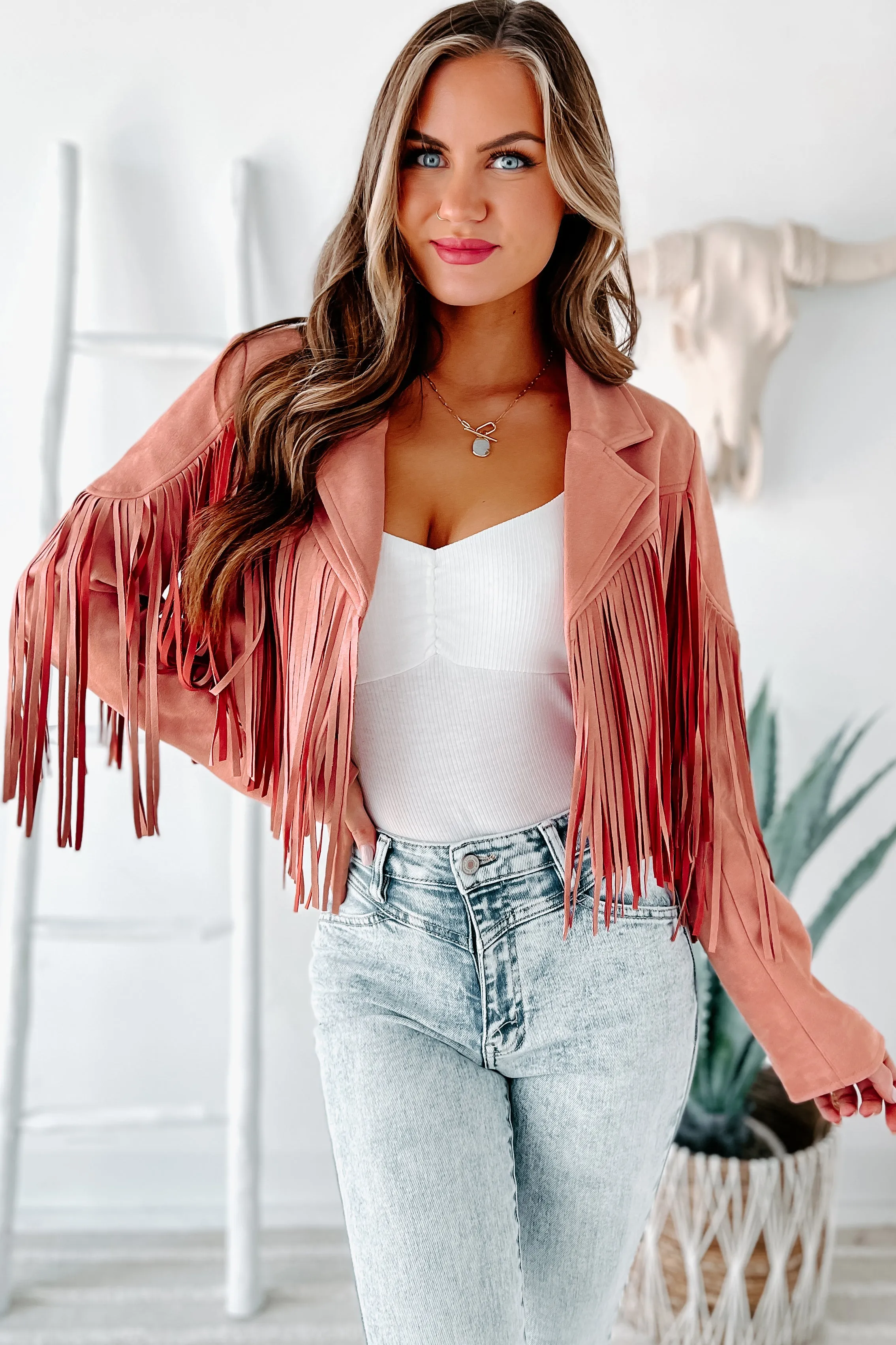 Daring Delight Faux Suede Fringe Jacket (Mauve)