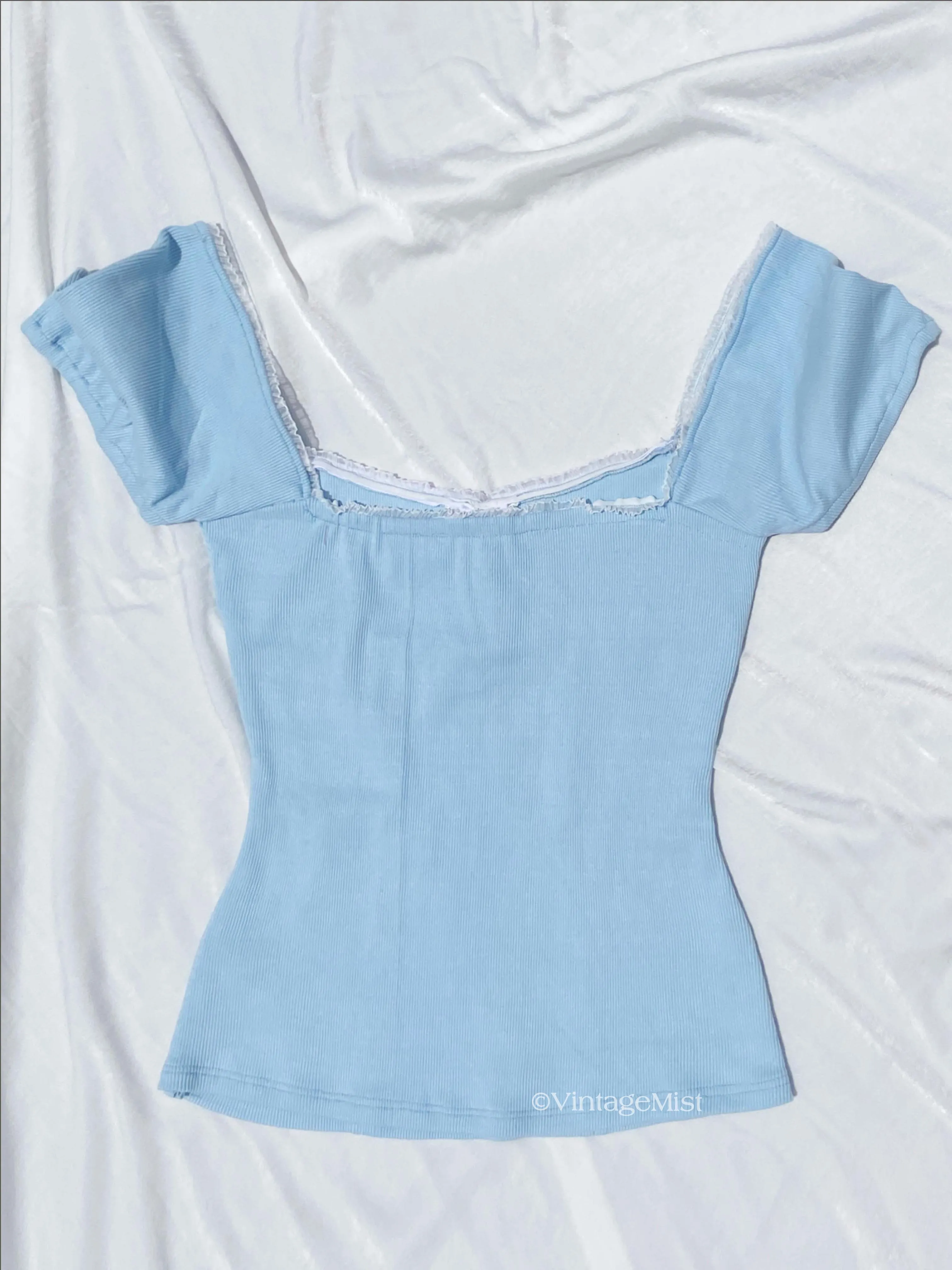 Dollette Collar Buttoned Lace Puff Sleeve Ribbed Top