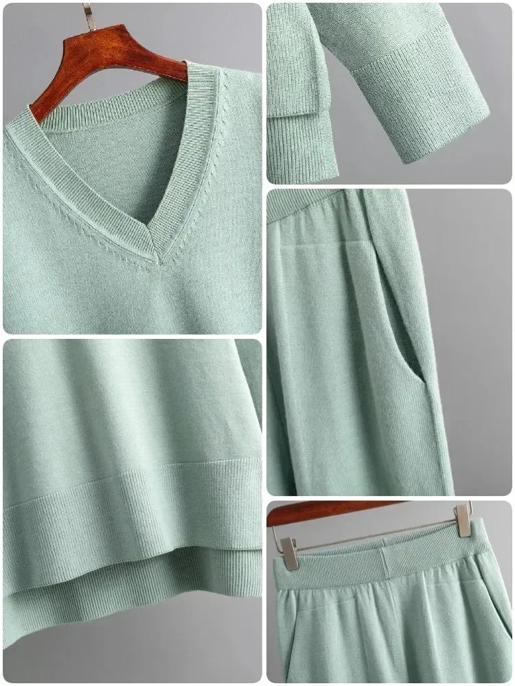 Gestrickte Pullover 2-teiliges Set Frauen Winter Herbst Warme V-ausschnitt Pullover Gerade Jogging Hose Anzüge Casual Oversize Trainingsanzug Frauen