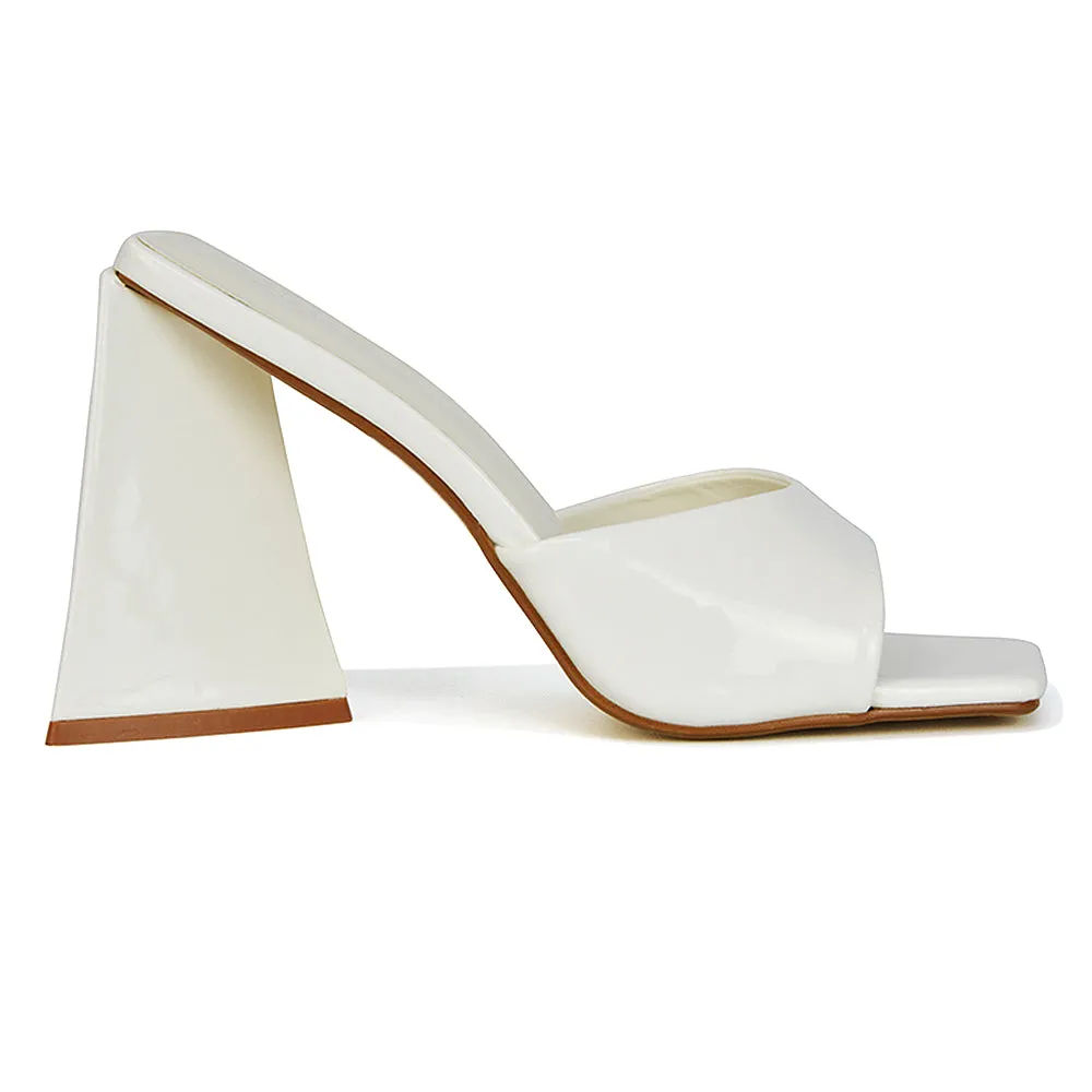Gracia Square Peep Toe Sculptured Flared Block Heeled Mules in Black Patent