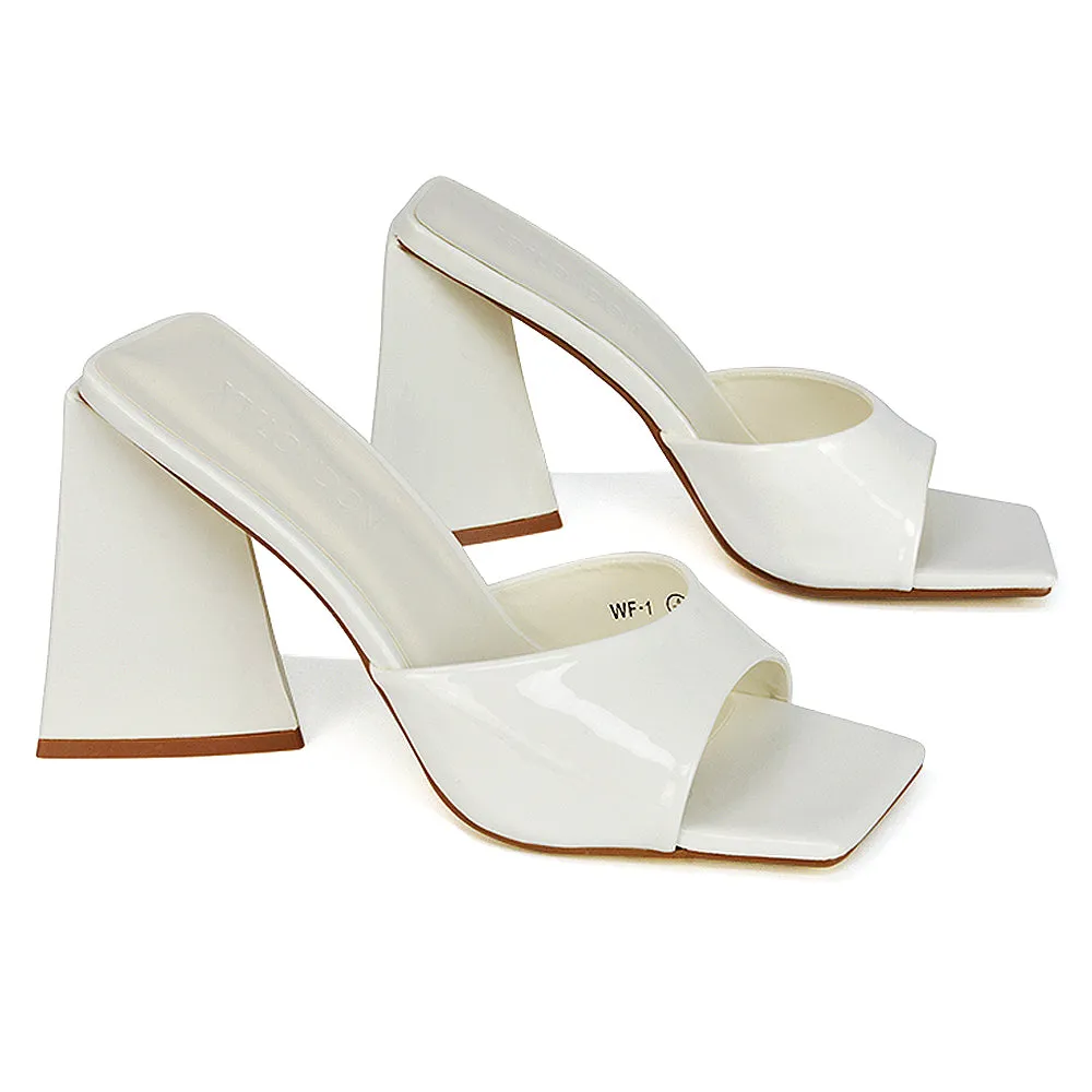 Gracia Square Peep Toe Sculptured Flared Block Heeled Mules in Black Patent