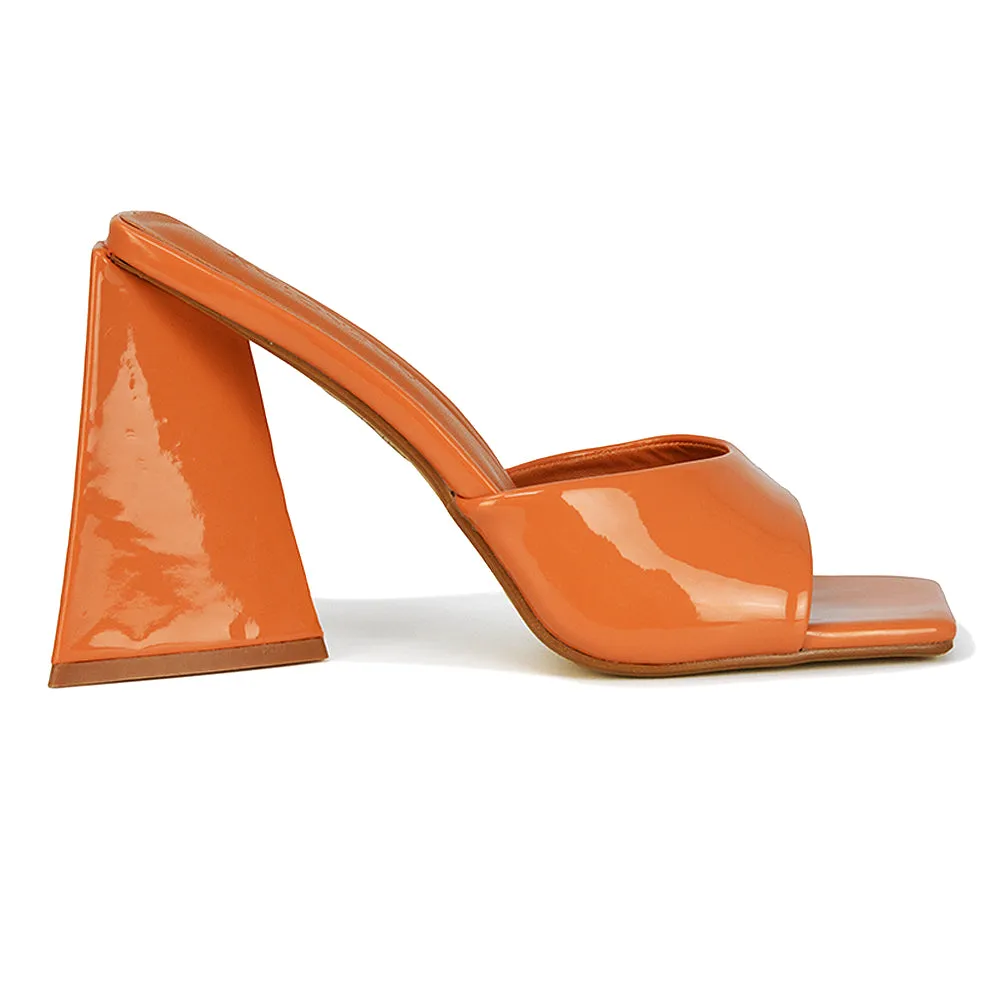 Gracia Square Peep Toe Sculptured Flared Block Heeled Mules in Black Patent