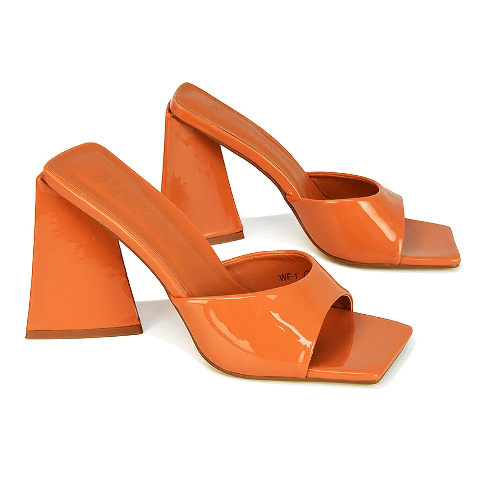 Gracia Square Peep Toe Sculptured Flared Block Heeled Mules in Black Patent