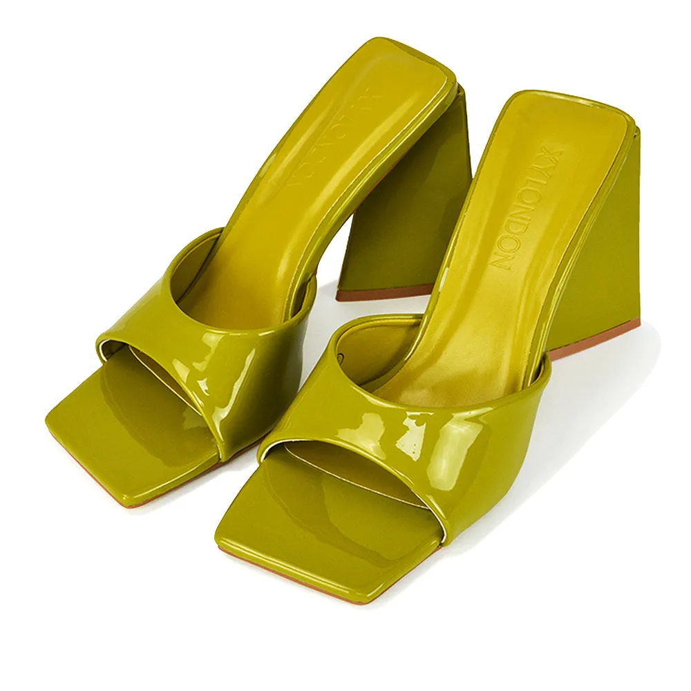 Gracia Square Peep Toe Sculptured Flared Block Heeled Mules in Black Patent