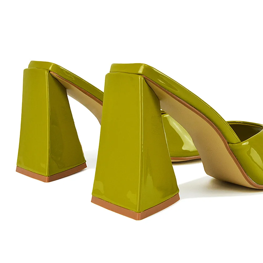 Gracia Square Peep Toe Sculptured Flared Block Heeled Mules in Black Patent