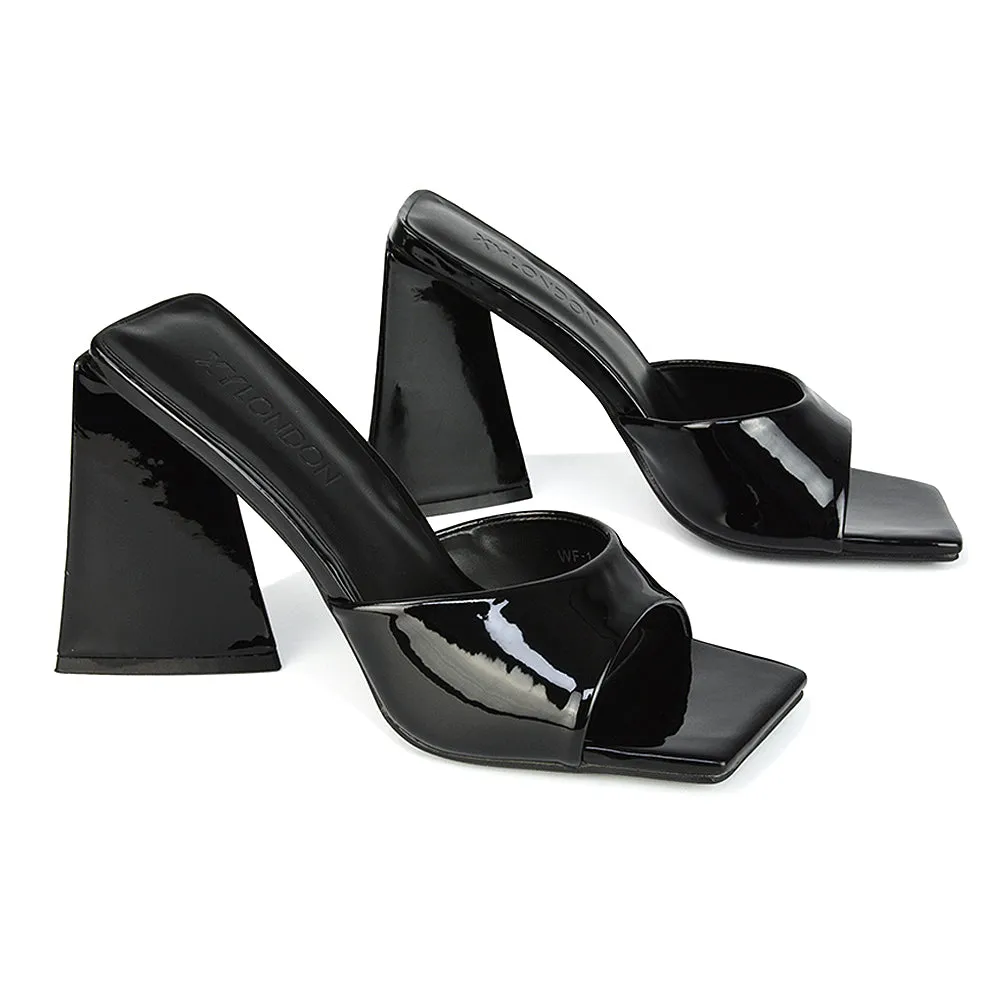 Gracia Square Peep Toe Sculptured Flared Block Heeled Mules in Black Patent