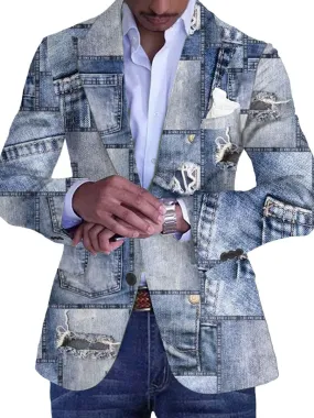 Men's Retro Patchwork Denim Print Pocket Lapel Casual Blazer