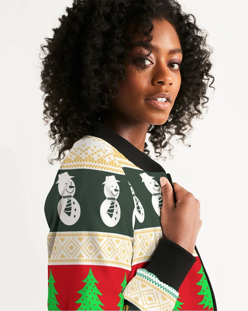 Multi Colored Snowman Tree Wonderland White Women's Bomber Jacket