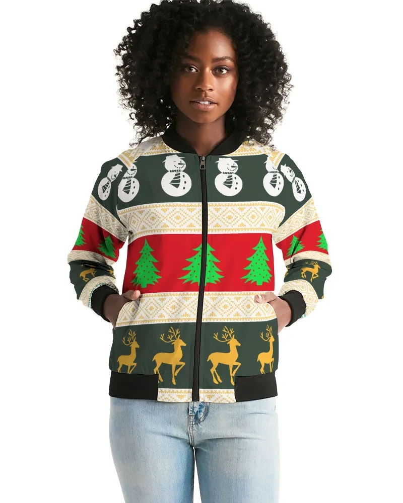 Multi Colored Snowman Tree Wonderland White Women's Bomber Jacket
