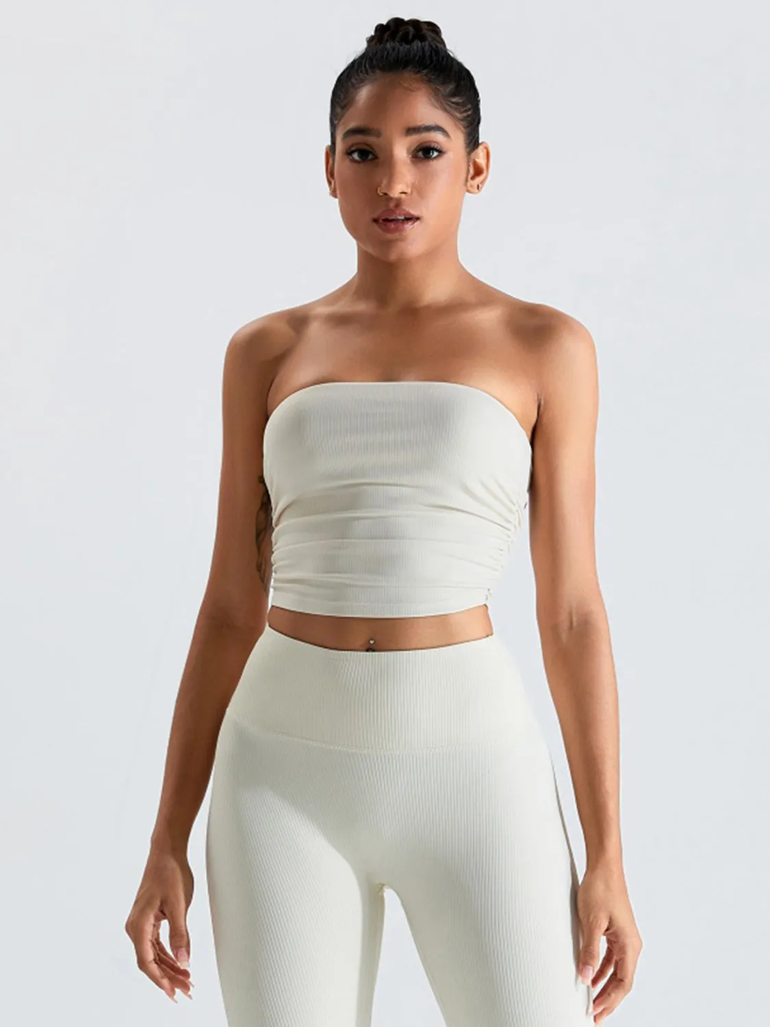 Ribbed Active Bandeau Crop op Strapless Solid Color Tube Shirt