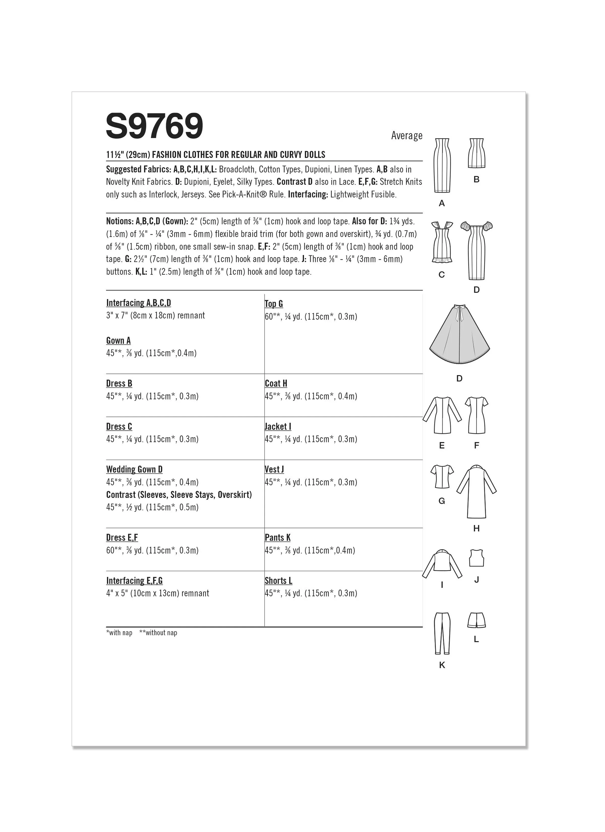 Simplicity Pattern S9769 11 1/2" Fashion Clothes for Regular and Curvy Size Dolls
